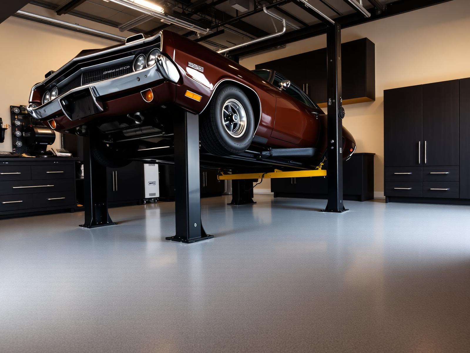 Illustrative specialty garage improvement with vehicle lift and lighting